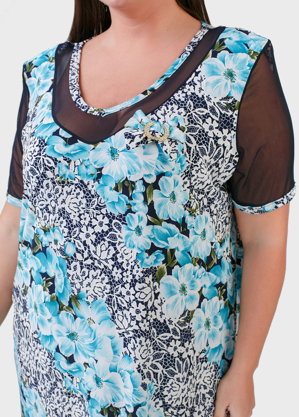 Бирюзовое кэжуал платье трикотажное батал бирюзовое art 00053 BABOCHKA XL Collection с цветочным принтом