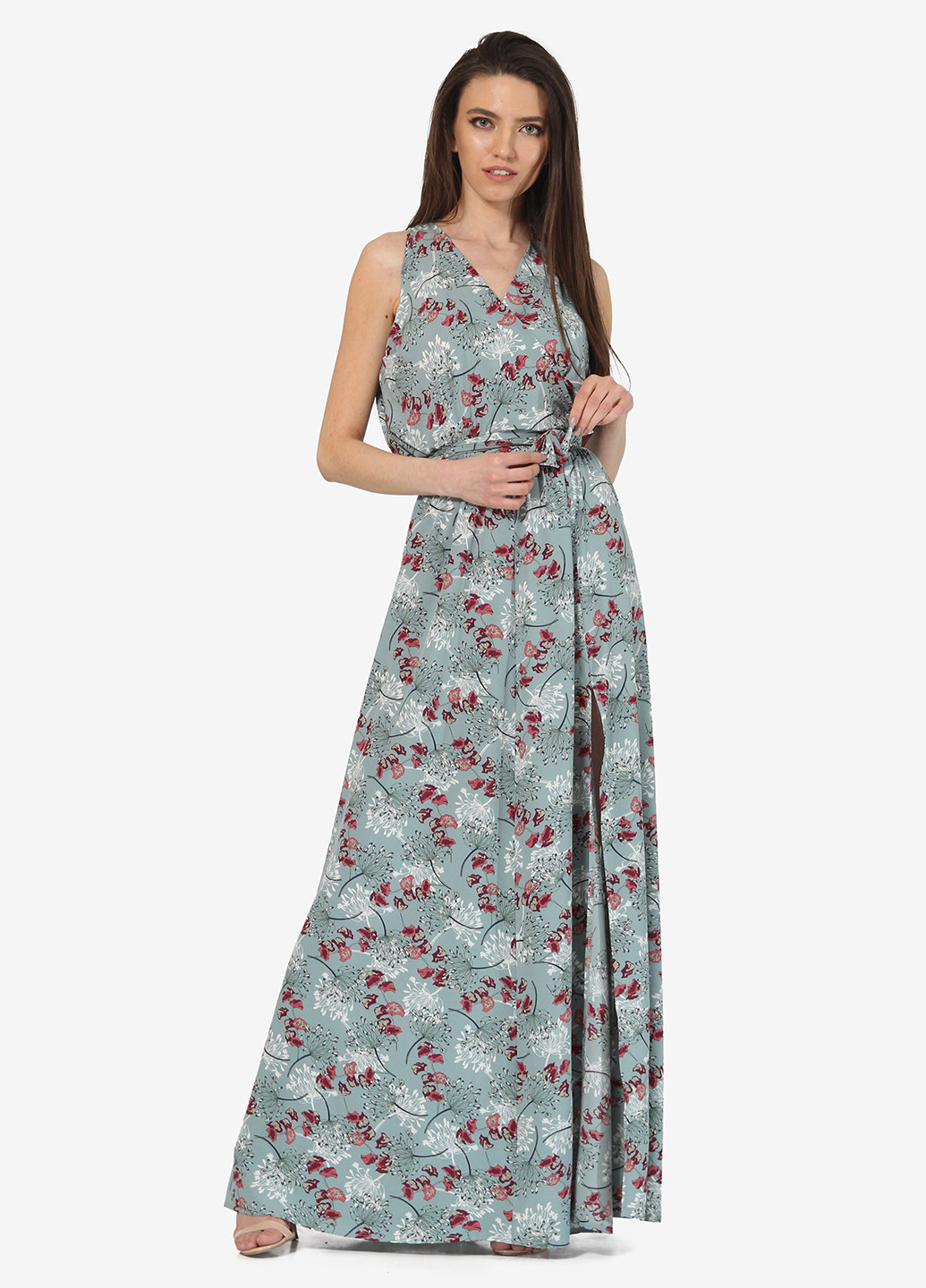Светло-бирюзовое вечернее платье на запах Lila Kass с цветочным принтом