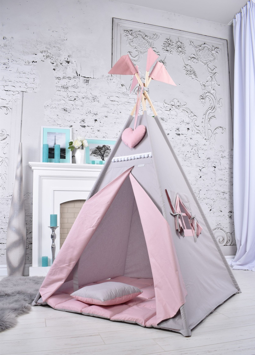 Детская палатка Вигвам для девочки пудрово-серый, комплект, с ковриком, подушкой. Подарок подвеска сердечко Украина (256519563)