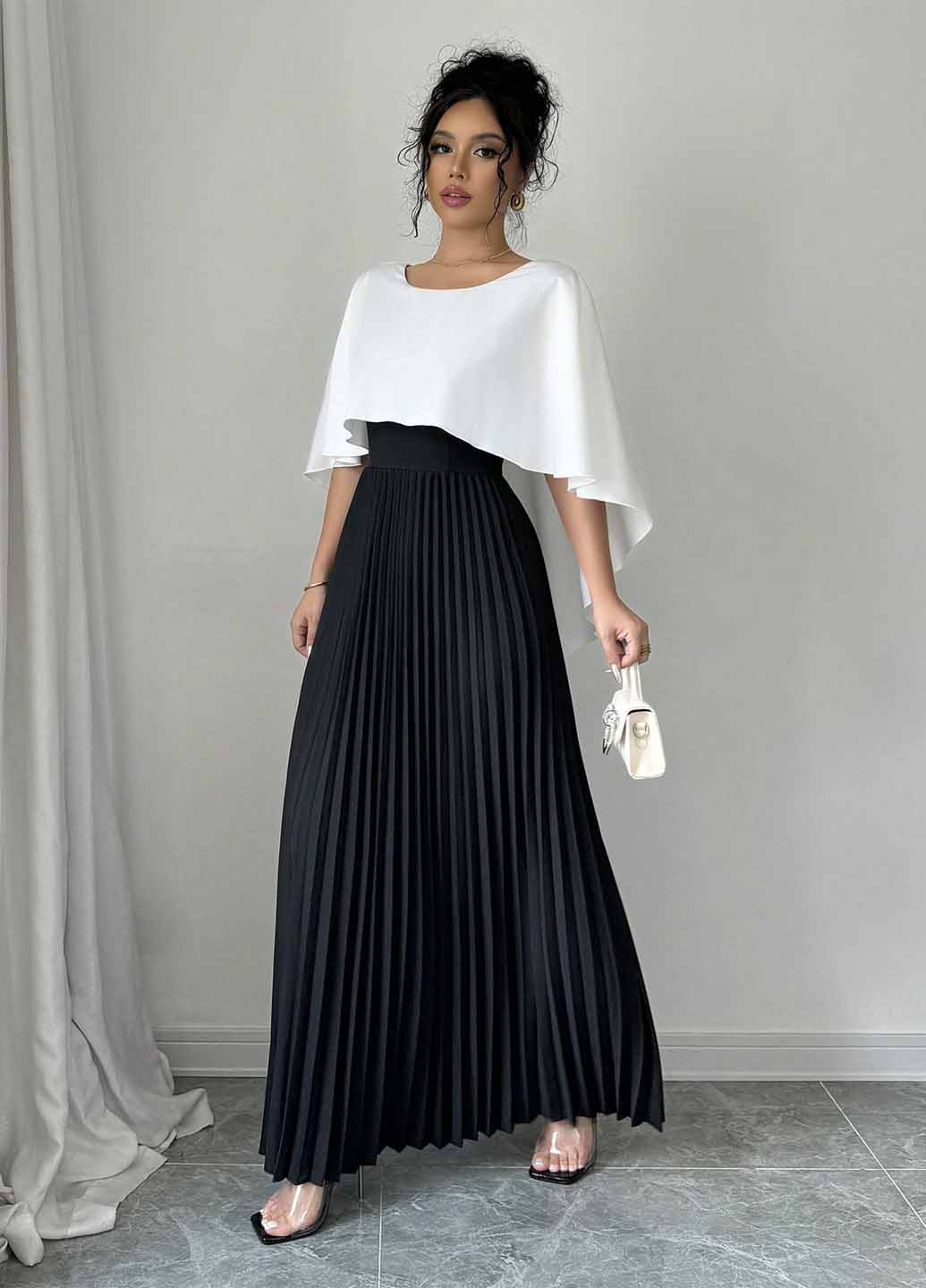 Чорно-білий святковий, вечірня сукня плісована SHEIN однотонна