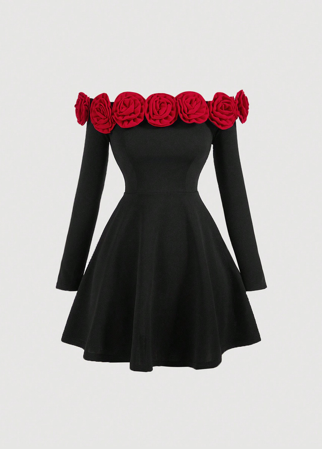 Черное коктейльное платье с юбкой-солнце, силуэтная, с открытыми плечами SHEIN однотонное