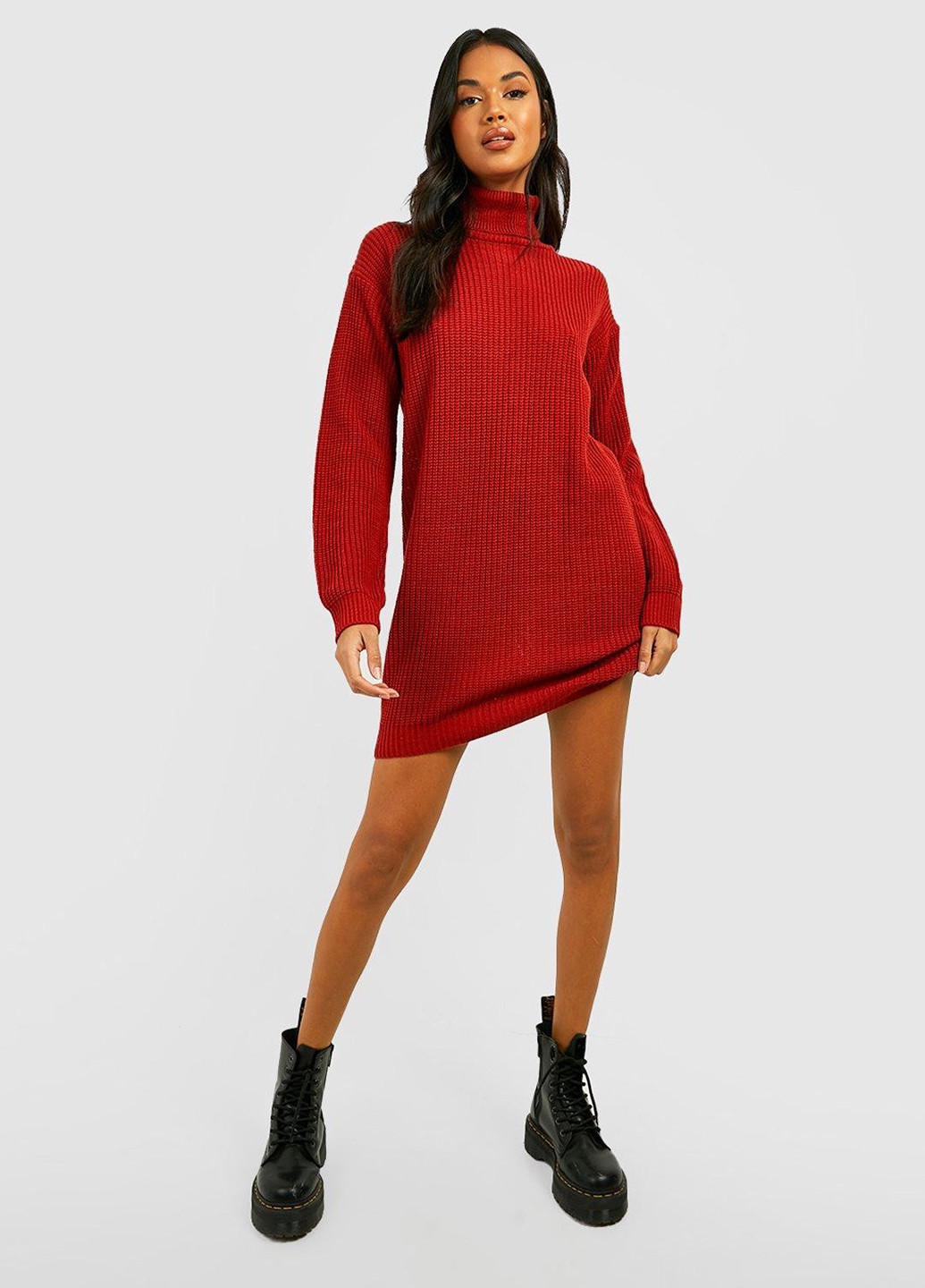 Темно-красное кэжуал платье платье-свитер Boohoo однотонное