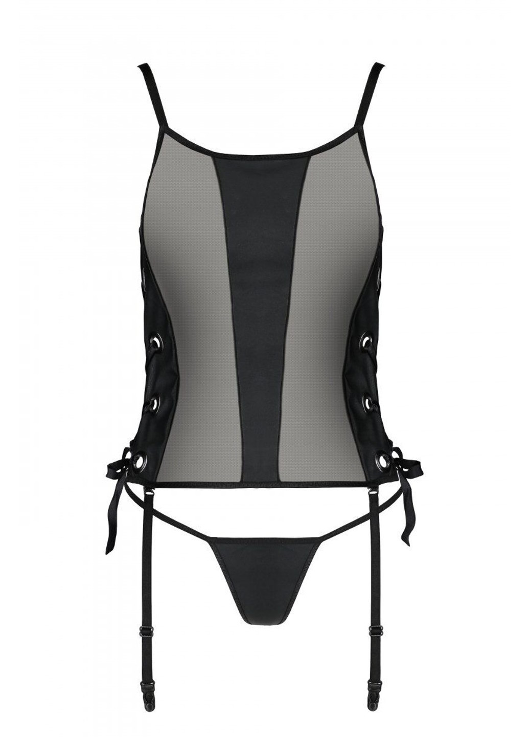 Сетчатый корсет из эко-кожи Malwia Corset black L/XL: с люверсами и съемными пажами Passion (255457839)
