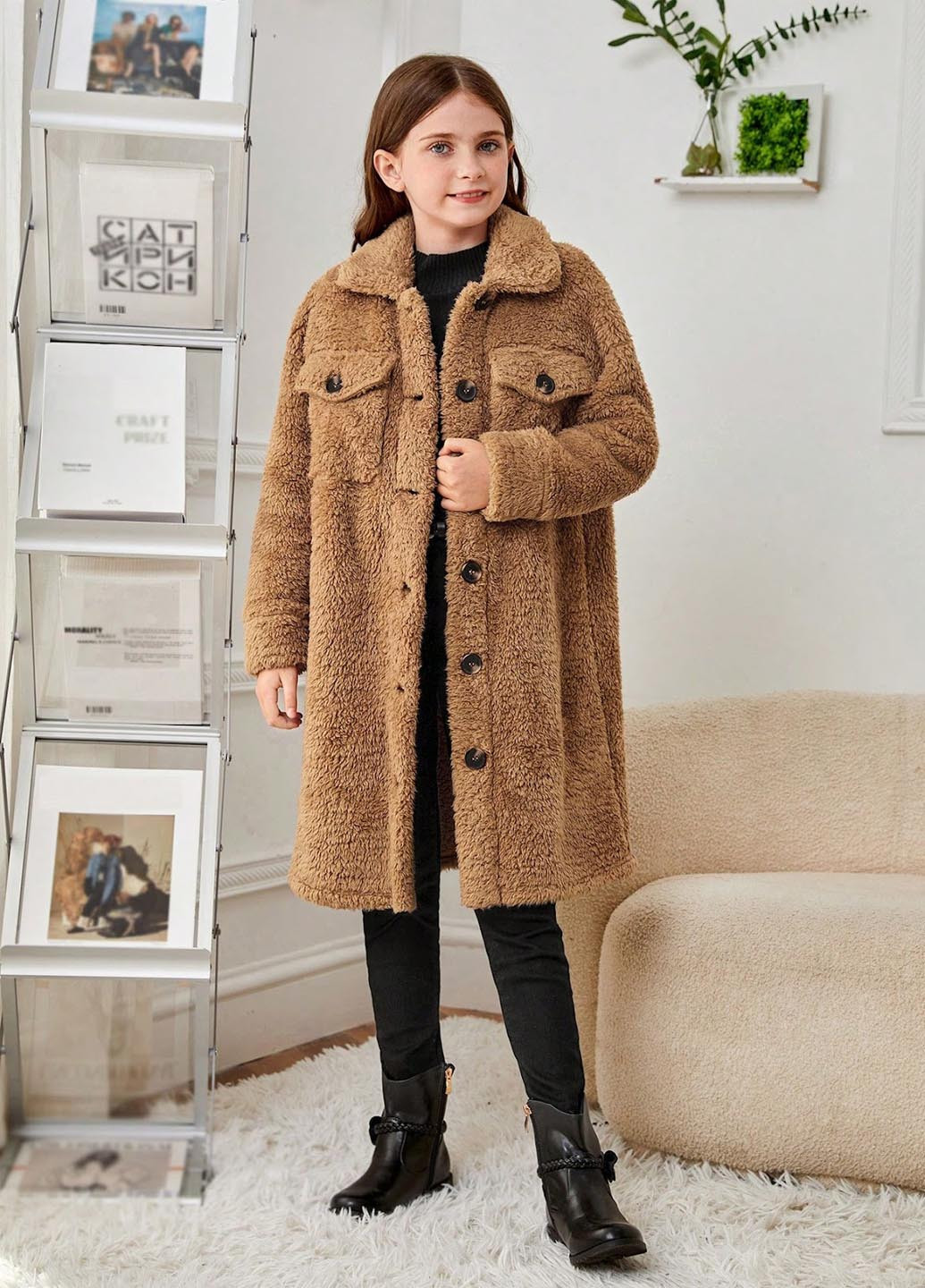 Коричневое демисезонное Пальто пальто-рубашка SHEIN