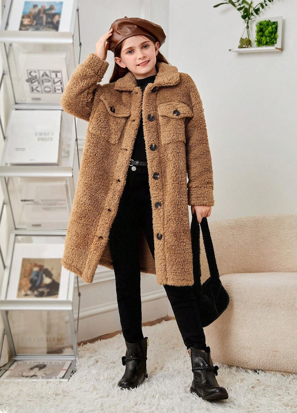 Коричневое демисезонное Пальто пальто-рубашка SHEIN