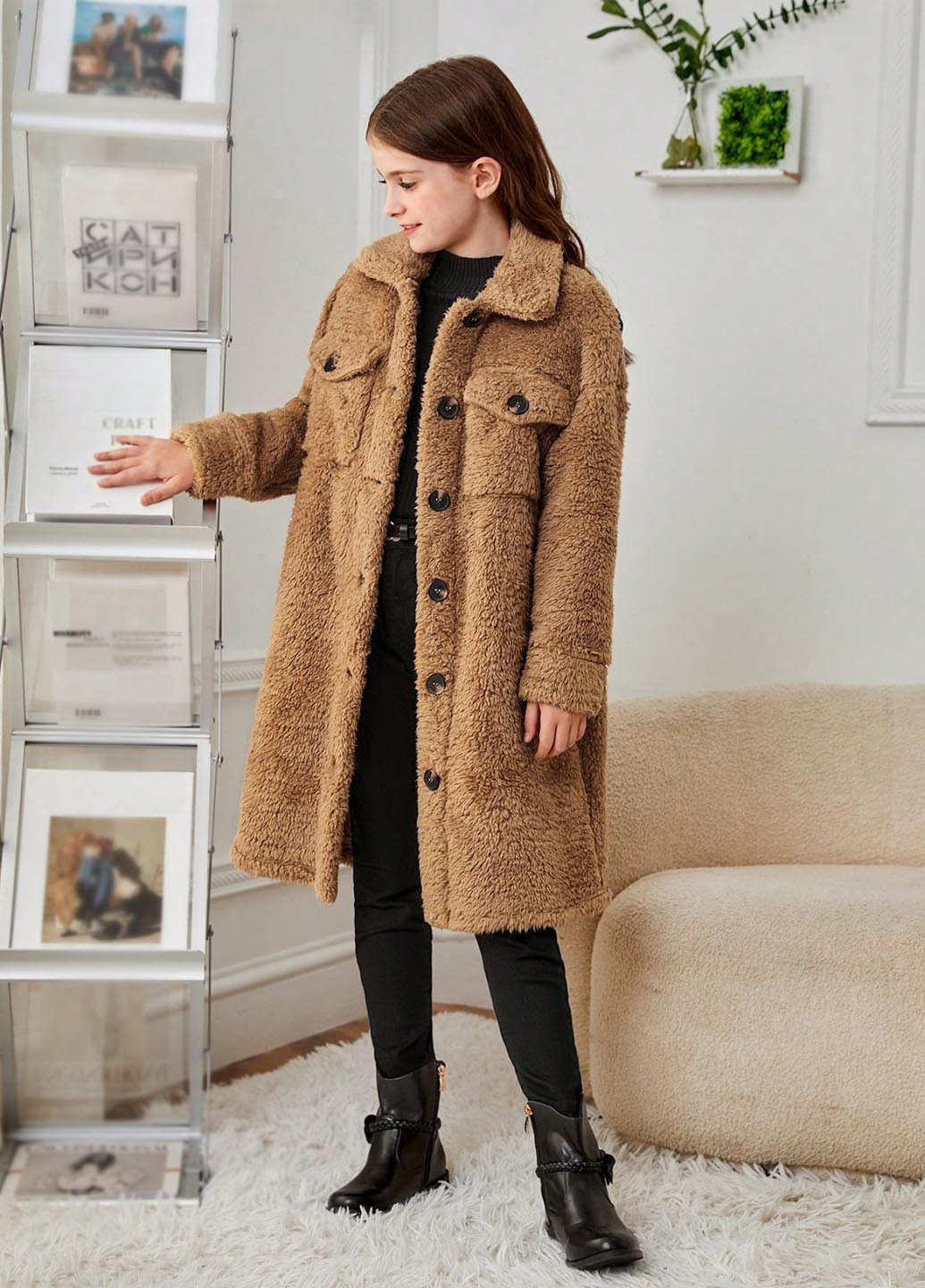 Коричневое демисезонное Пальто пальто-рубашка SHEIN