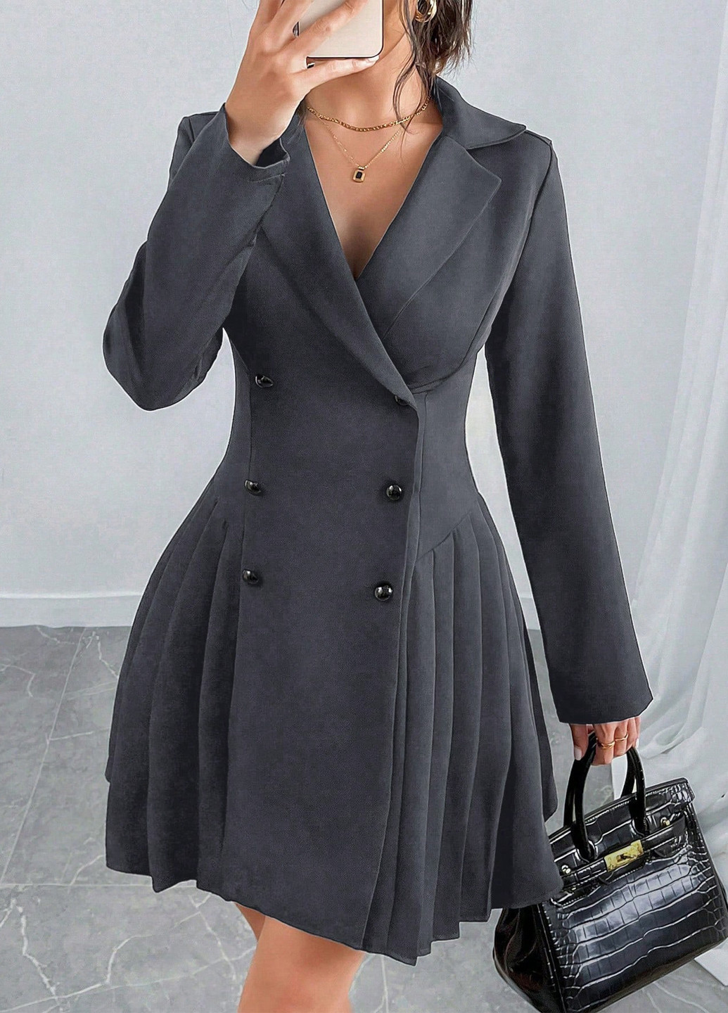 Темно-сіра кежуал сукня плісована, сукня-жакет SHEIN однотонна