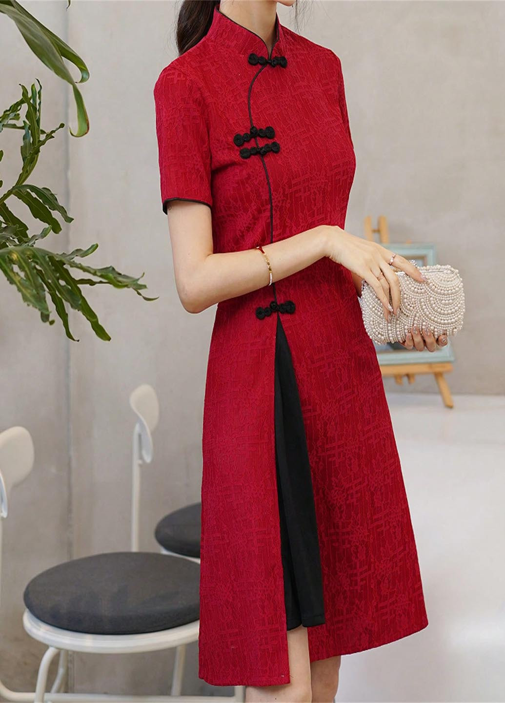 Красное праздничный, кэжуал платье а-силуэт SHEIN однотонное