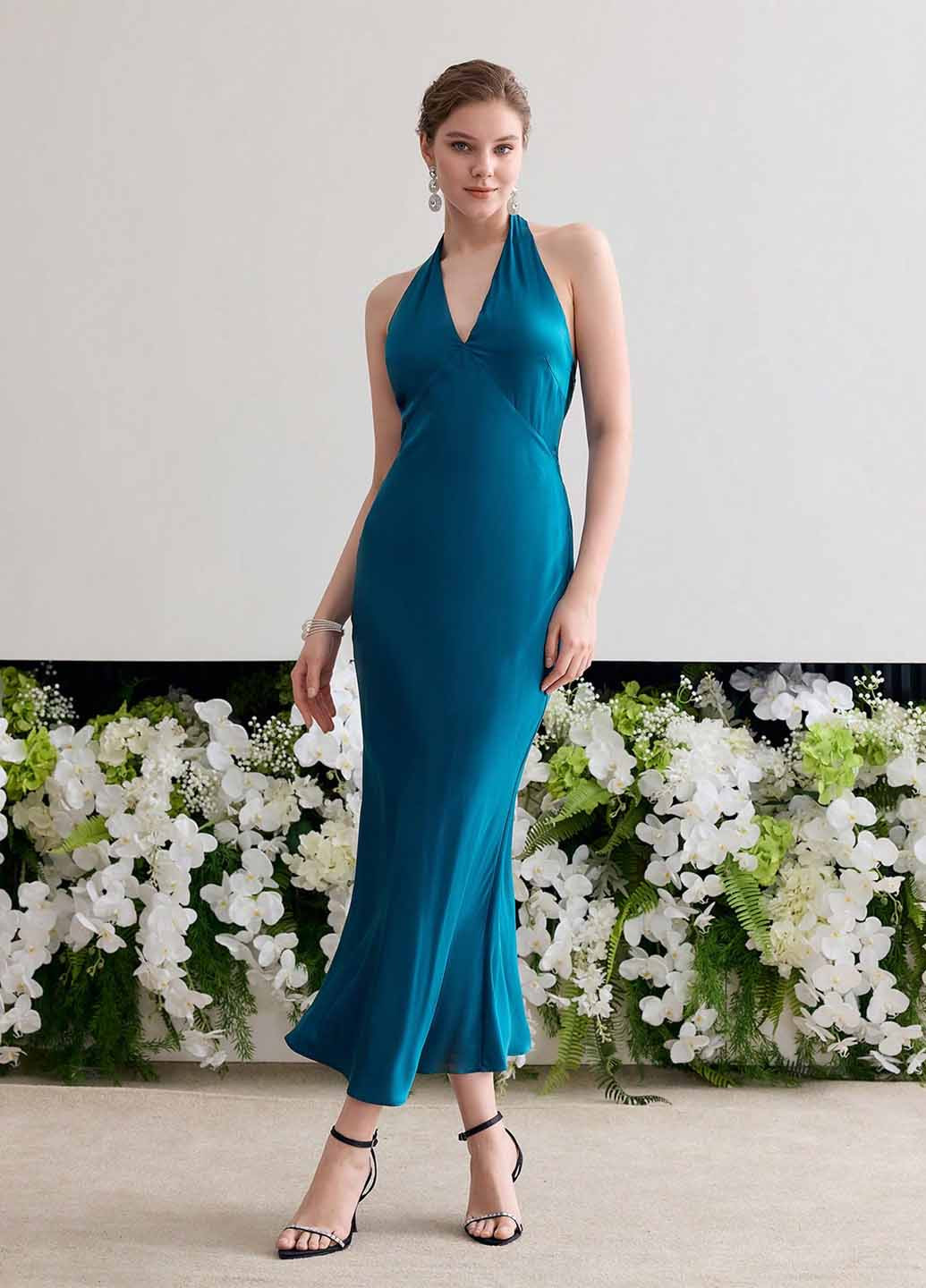 Морской волны вечернее платье годе, с открытой спиной SHEIN однотонное