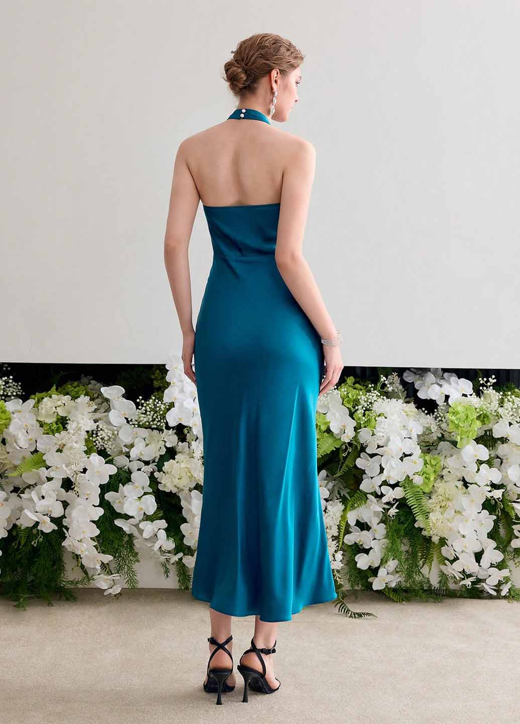 Морской волны вечернее платье годе, с открытой спиной SHEIN однотонное