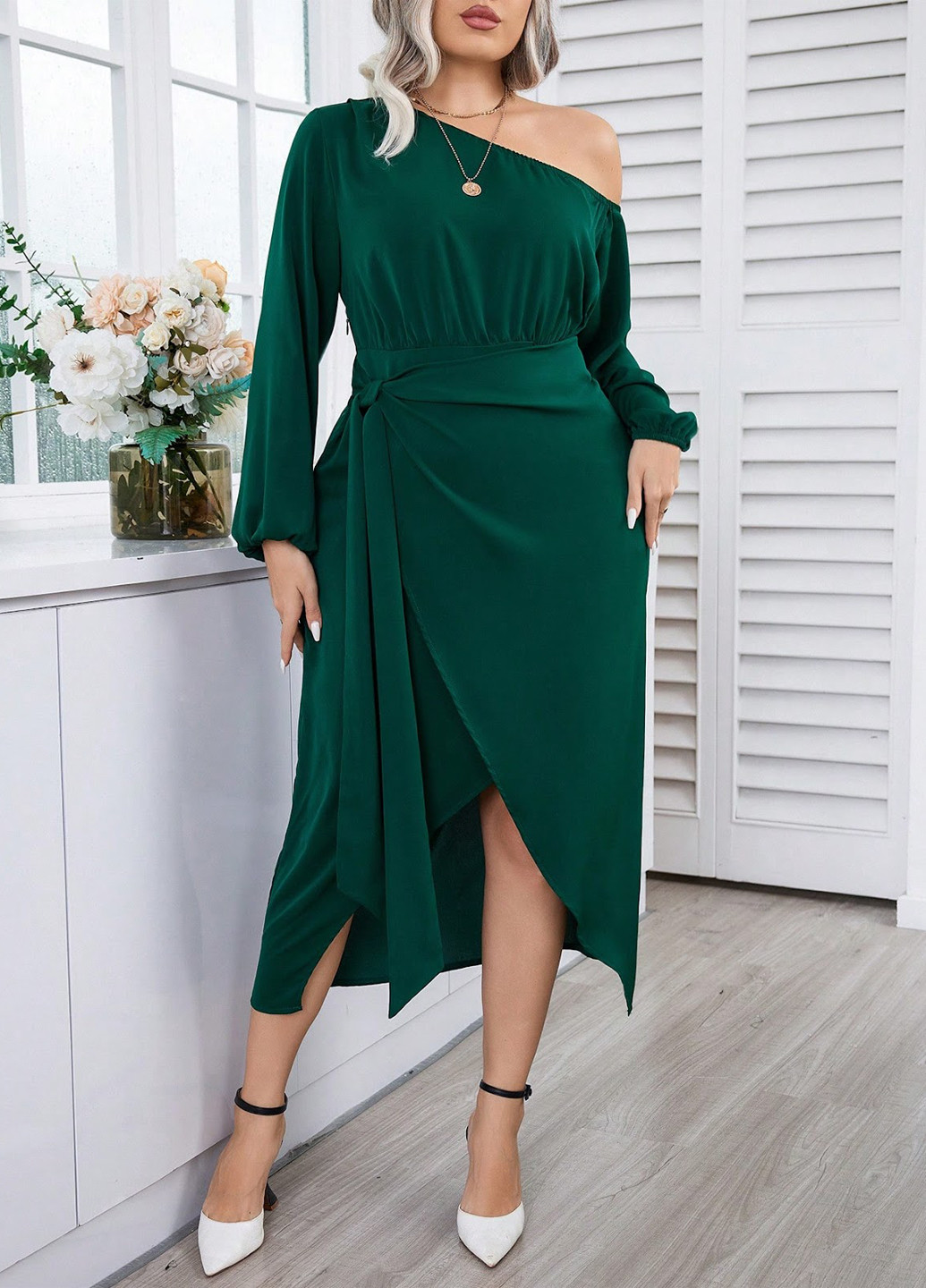 Темно-зелена кежуал сукня на одне плече SHEIN однотонна