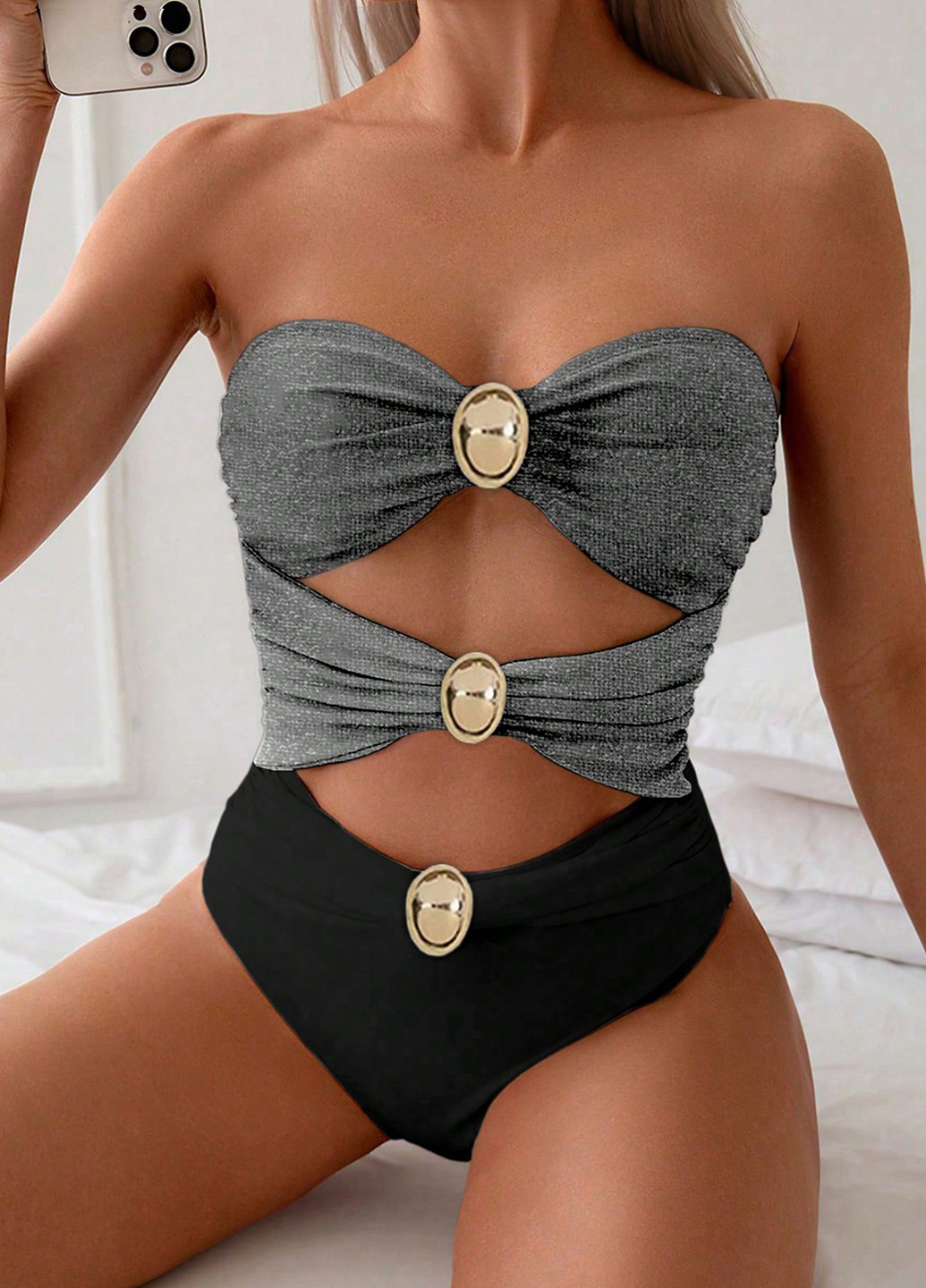 Черный летний купальник слитный, бандо SHEIN