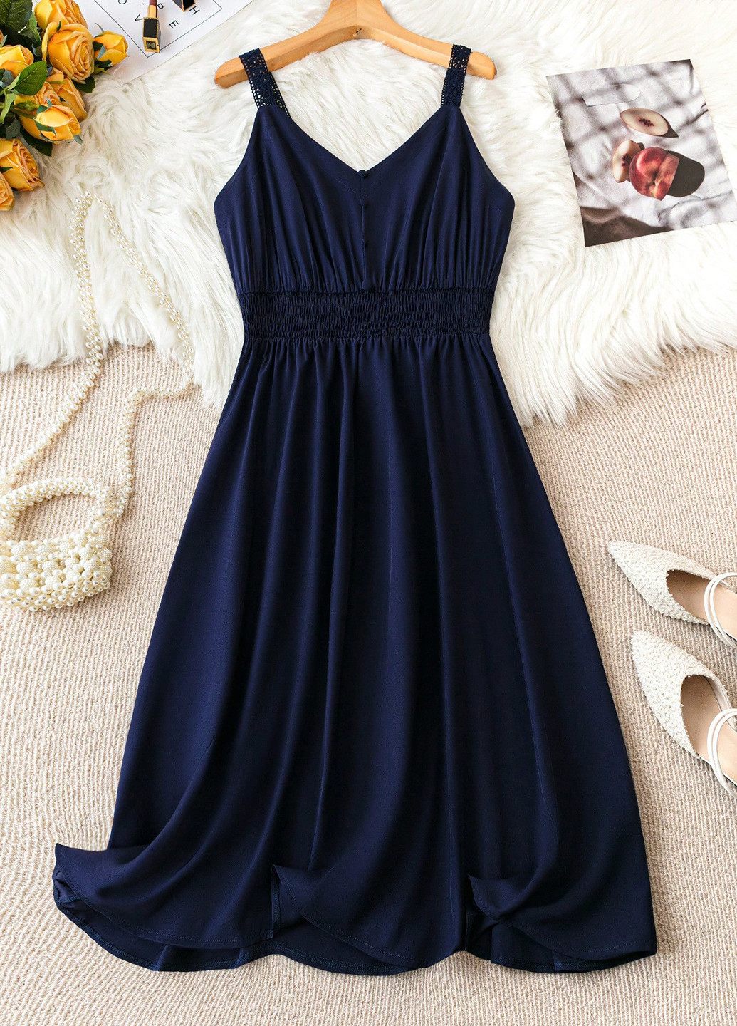 Темно-синее кэжуал платье клеш SHEIN однотонное