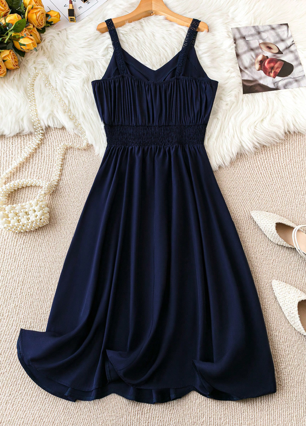 Темно-синее кэжуал платье клеш SHEIN однотонное