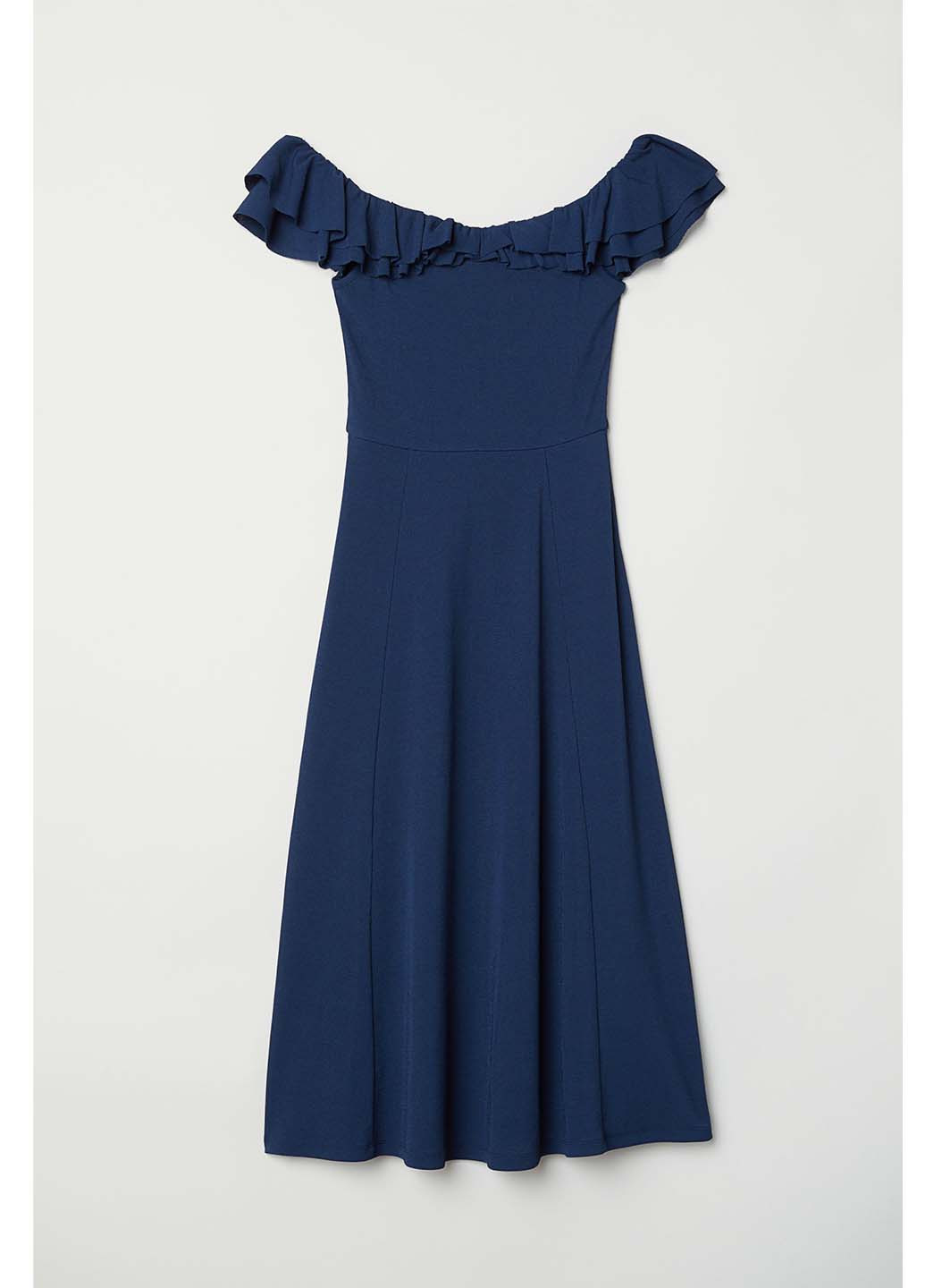 Темно-синее коктейльное платье клеш, с открытыми плечами H&M однотонное