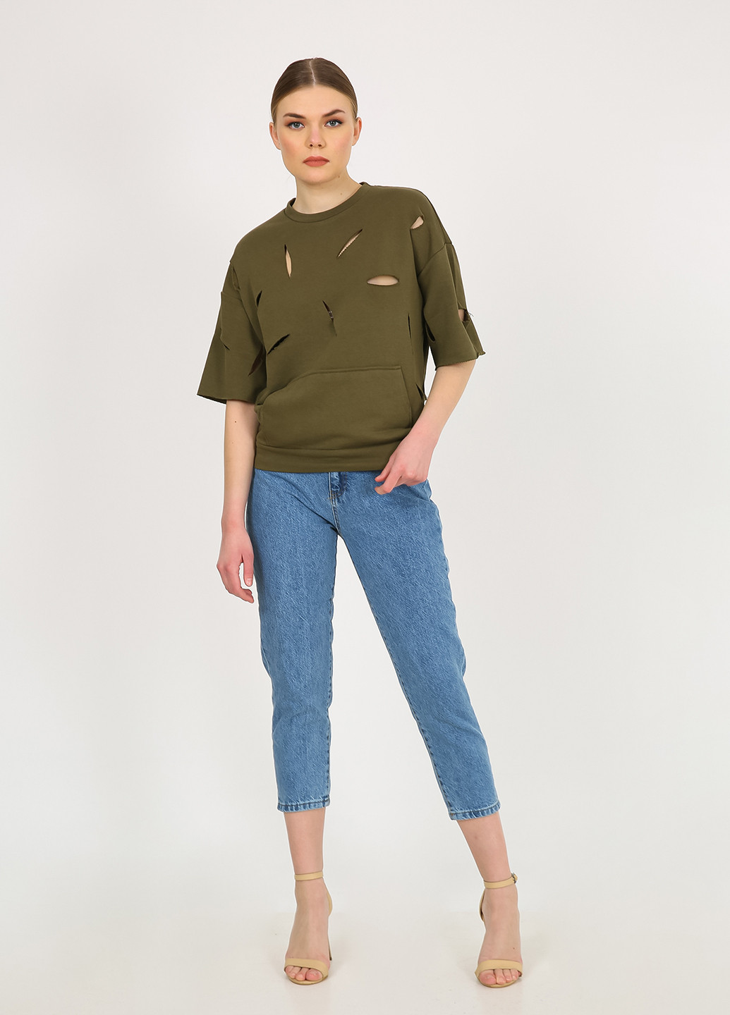 Хакі світшот Vicolo однотонний бахрома, рваний (322086516)