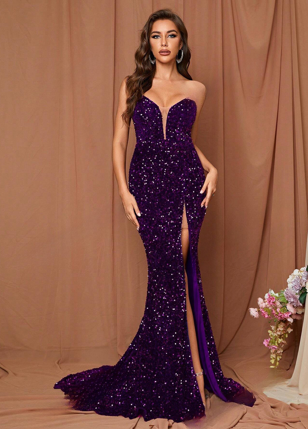 Темно-фіолетова вечірня сукня зі шлейфом SHEIN однотонна