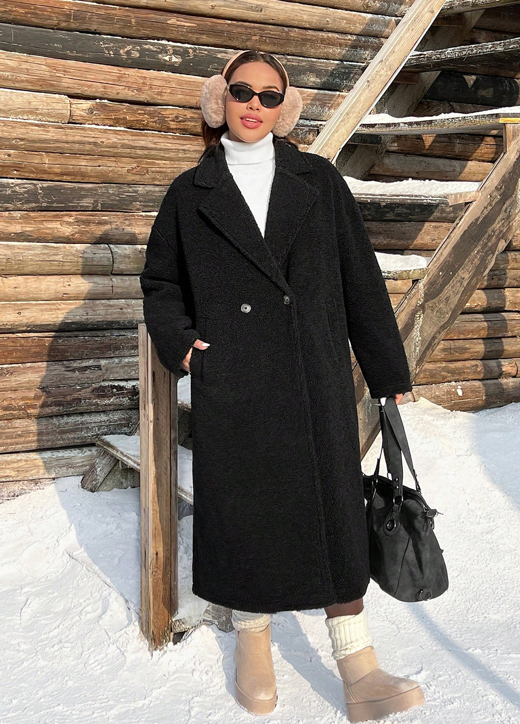 Черное зимнее Пальто двубортное SHEIN