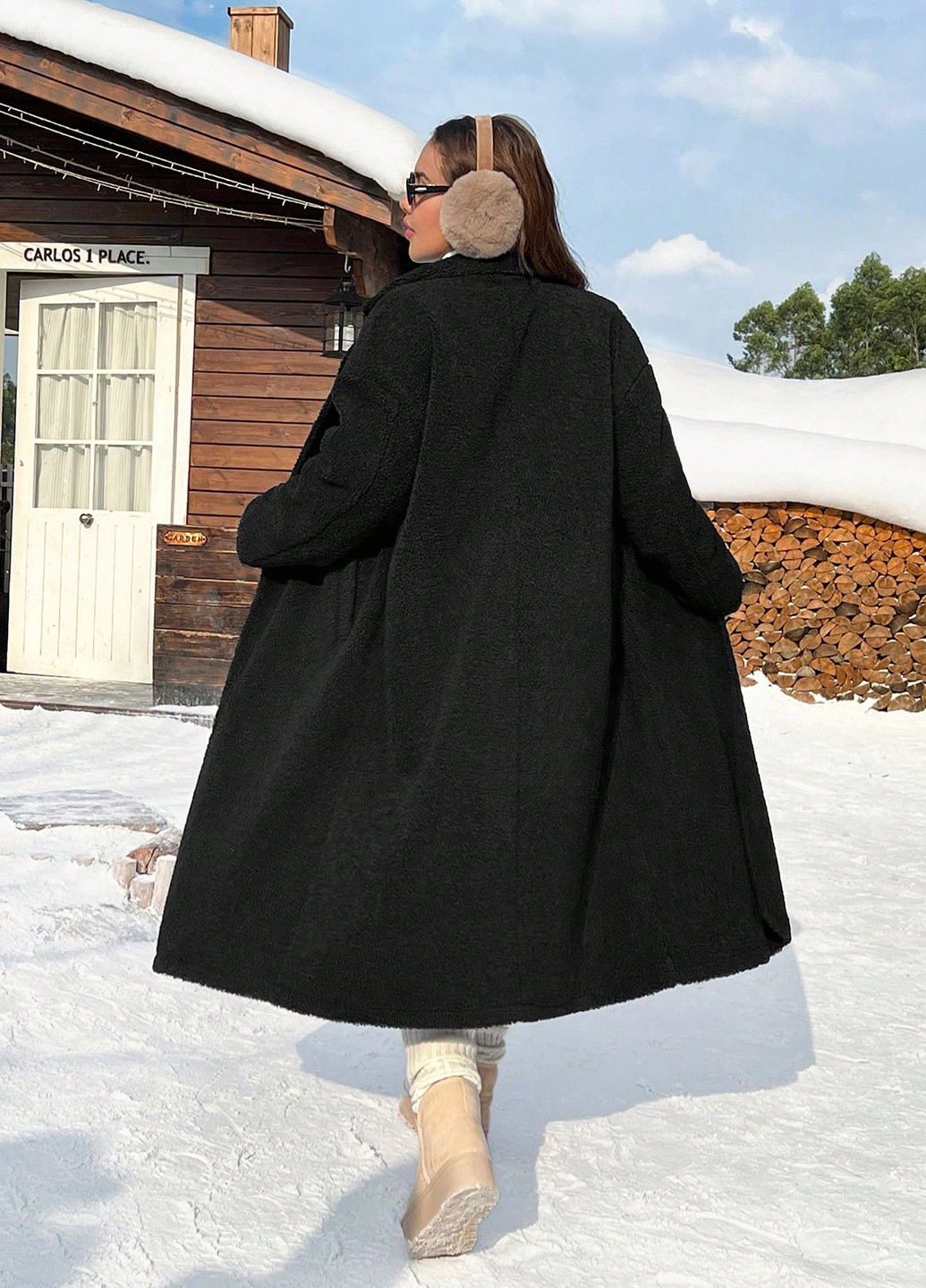 Черное зимнее Пальто двубортное SHEIN