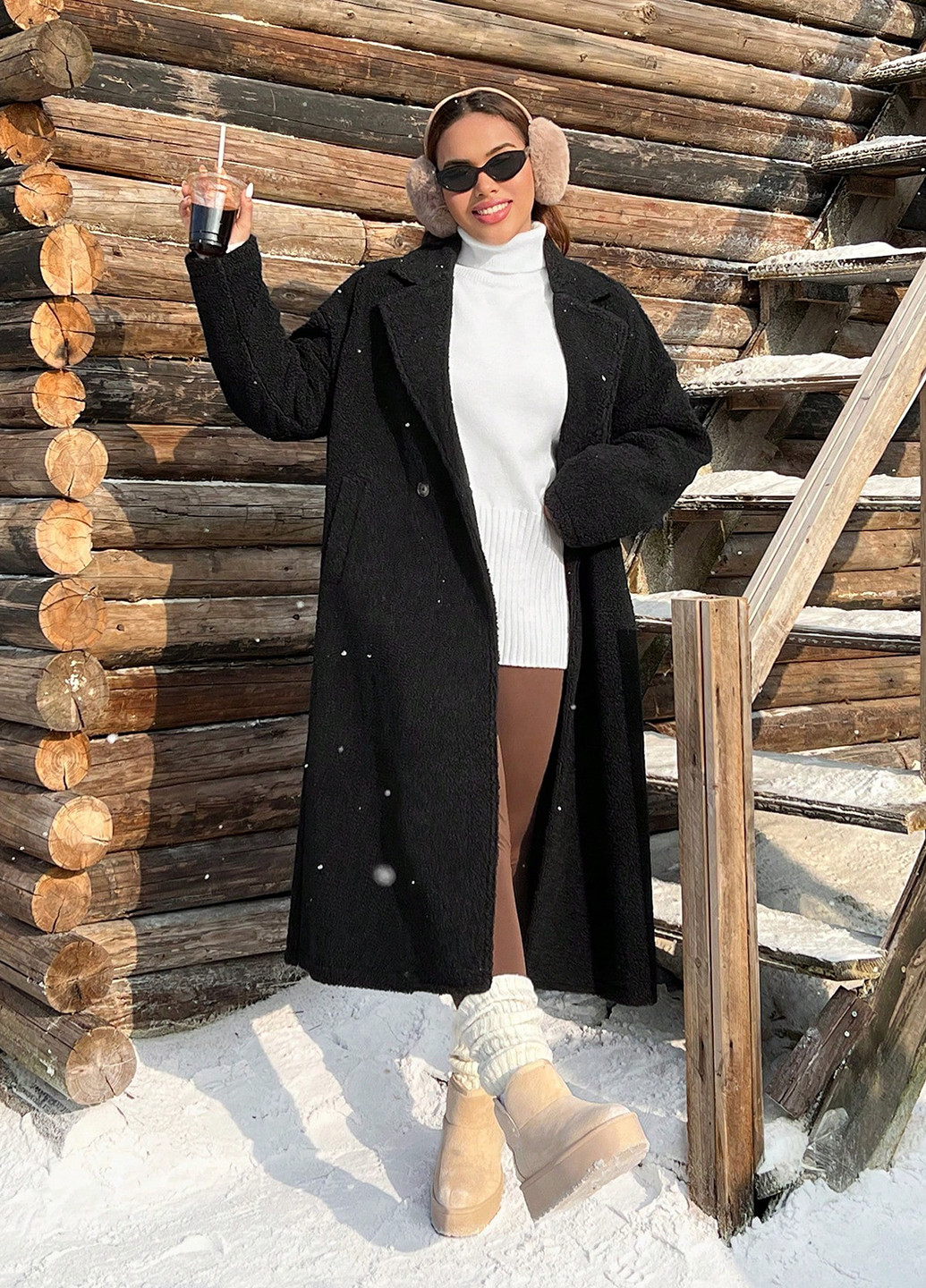 Черное зимнее Пальто двубортное SHEIN