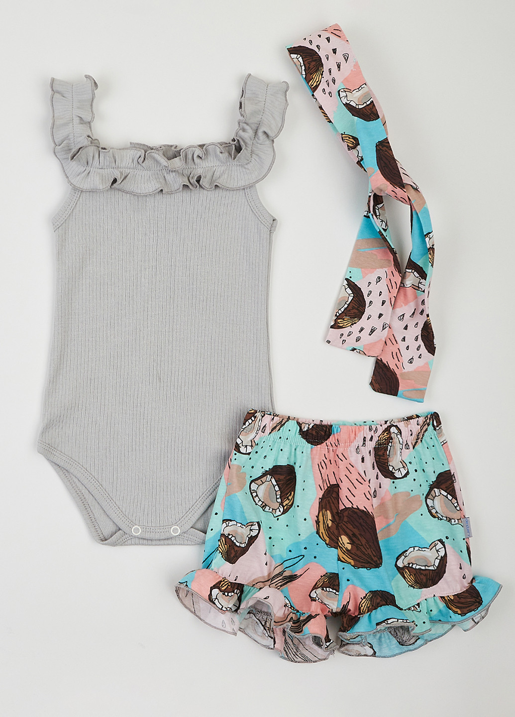 Серый летний комплект (боди, шорты, повязка) dexter's