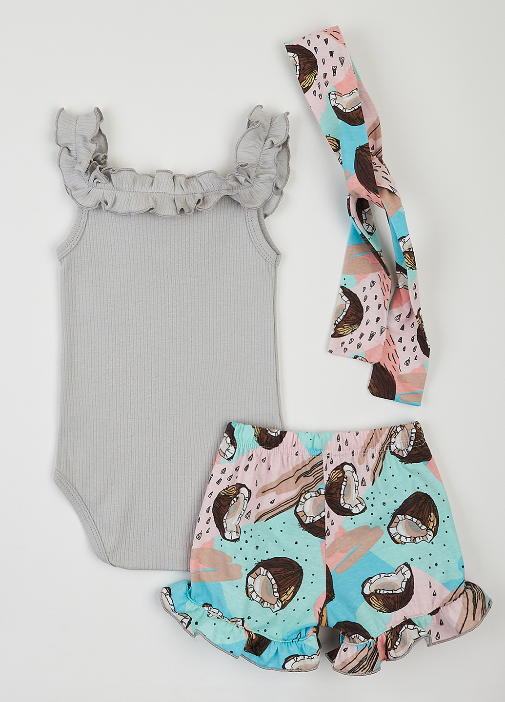 Серый летний комплект (боди, шорты, повязка) dexter's