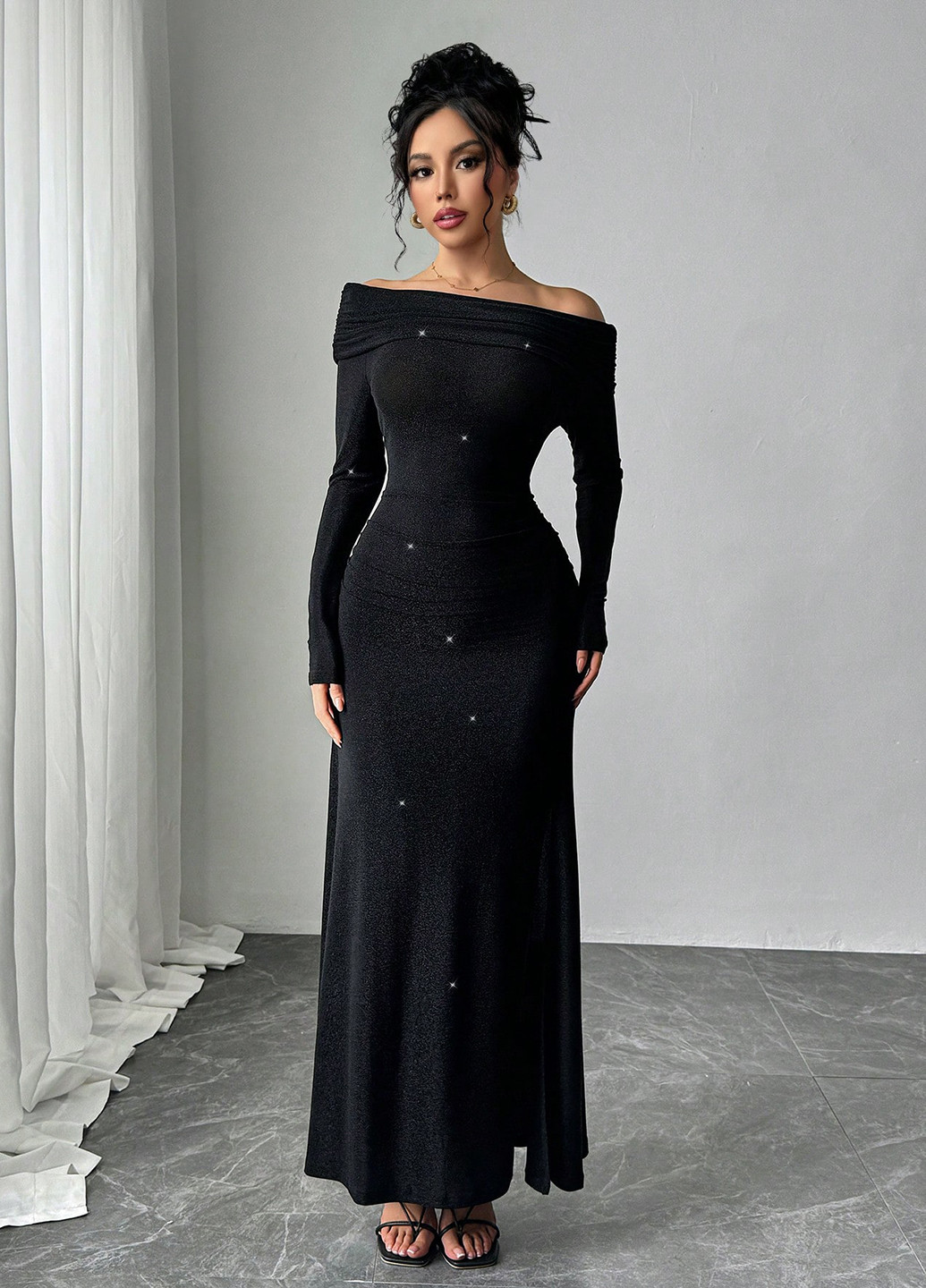 Чорна вечірня сукня силуетна, з відкритими плечима SHEIN однотонна