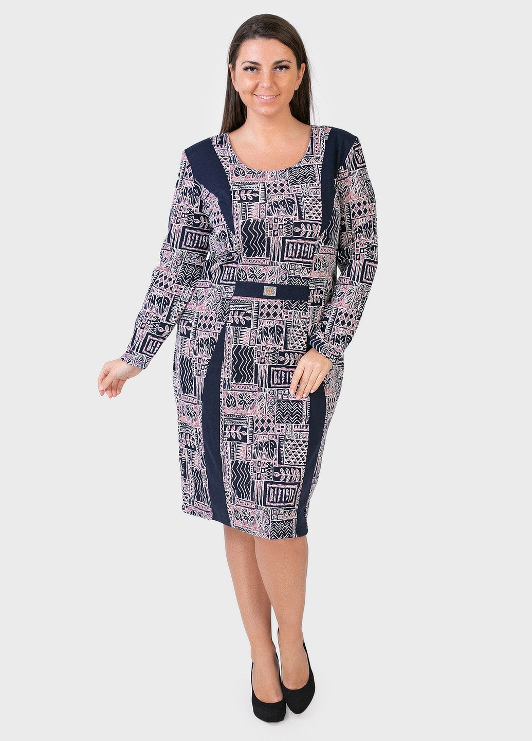 Синее кэжуал платье трикотажное с абстрактным принтом art 00026 BABOCHKA XL Collection с абстрактным узором