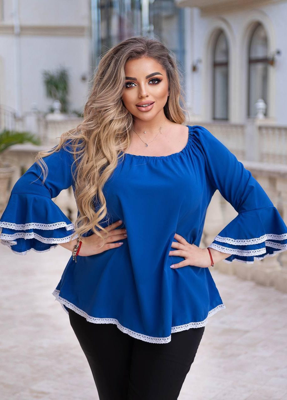 Синяя женская блуза рюши софт с кружевной отделкой цвет электрик р.50/52 357844 New Trend