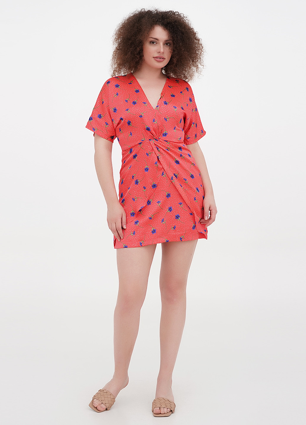 Коралова кежуал плаття, сукня на запах Liquorish з квітковим принтом