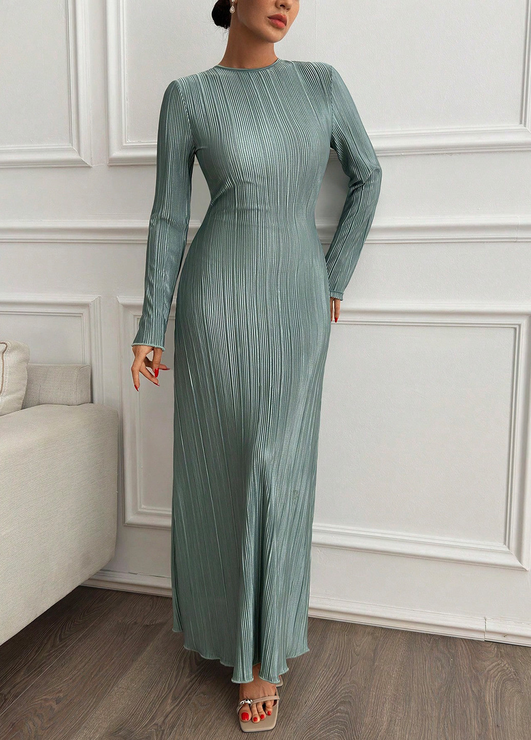 Мятное вечернее платье клеш, силуэтная, плиссированное SHEIN однотонное