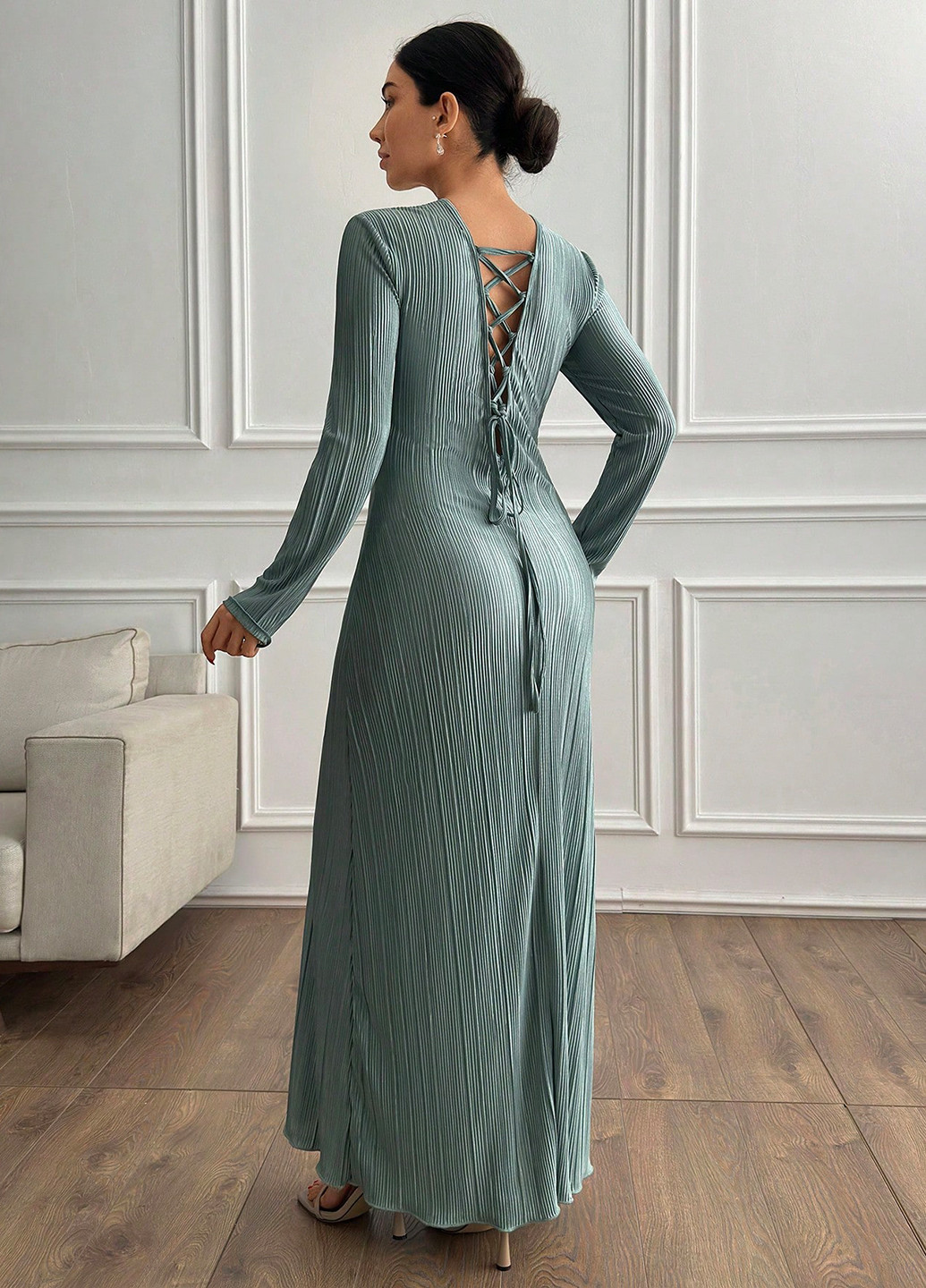 Мятное вечернее платье клеш, силуэтная, плиссированное SHEIN однотонное