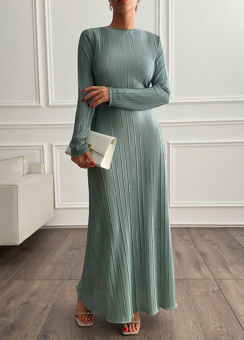 Мятное вечернее платье клеш, силуэтная, плиссированное SHEIN однотонное