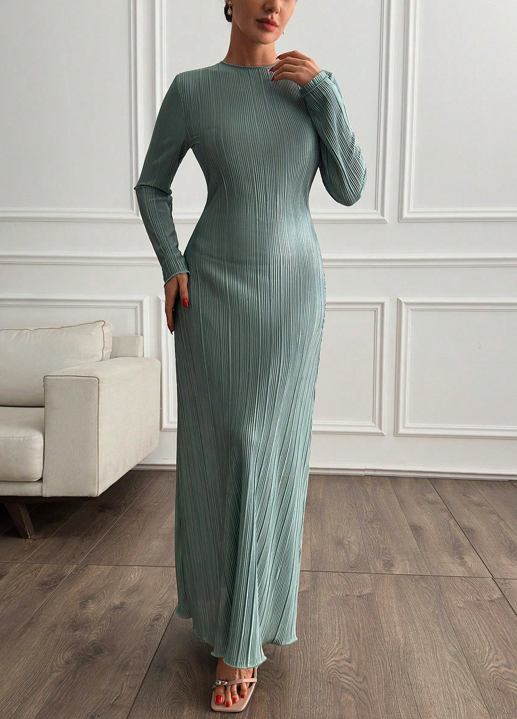 Мятное вечернее платье клеш, силуэтная, плиссированное SHEIN однотонное