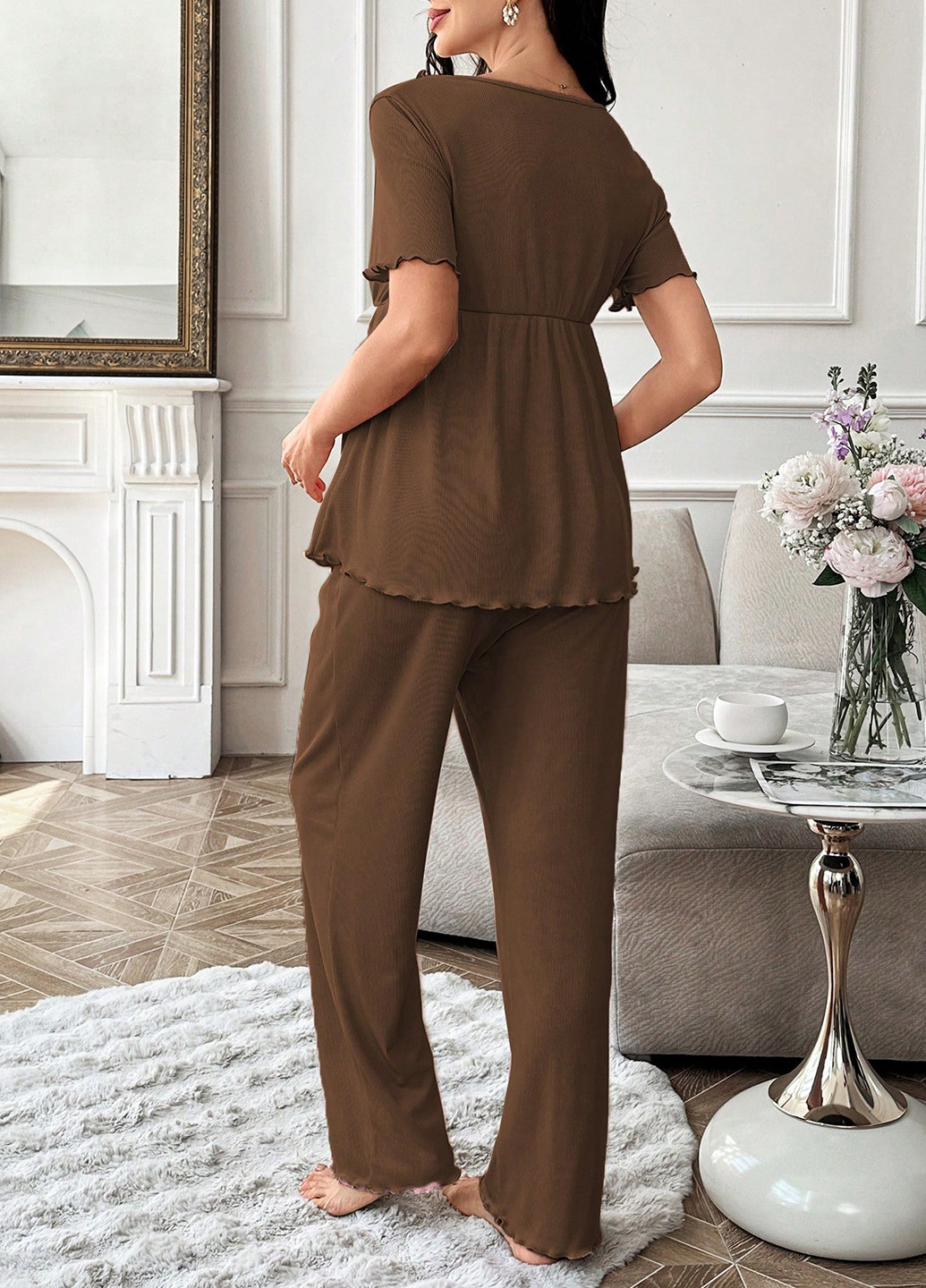 Коричневая всесезон пижама для беременных (футболка, брюки) футболка + брюки SHEIN