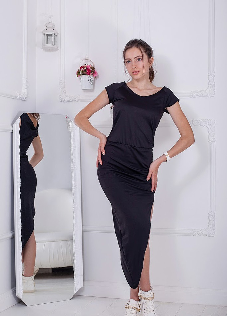 Чорна кежуал асиметричне плаття зі спущеними рукавами і розрізом на нозі melisa черный Podium однотонна