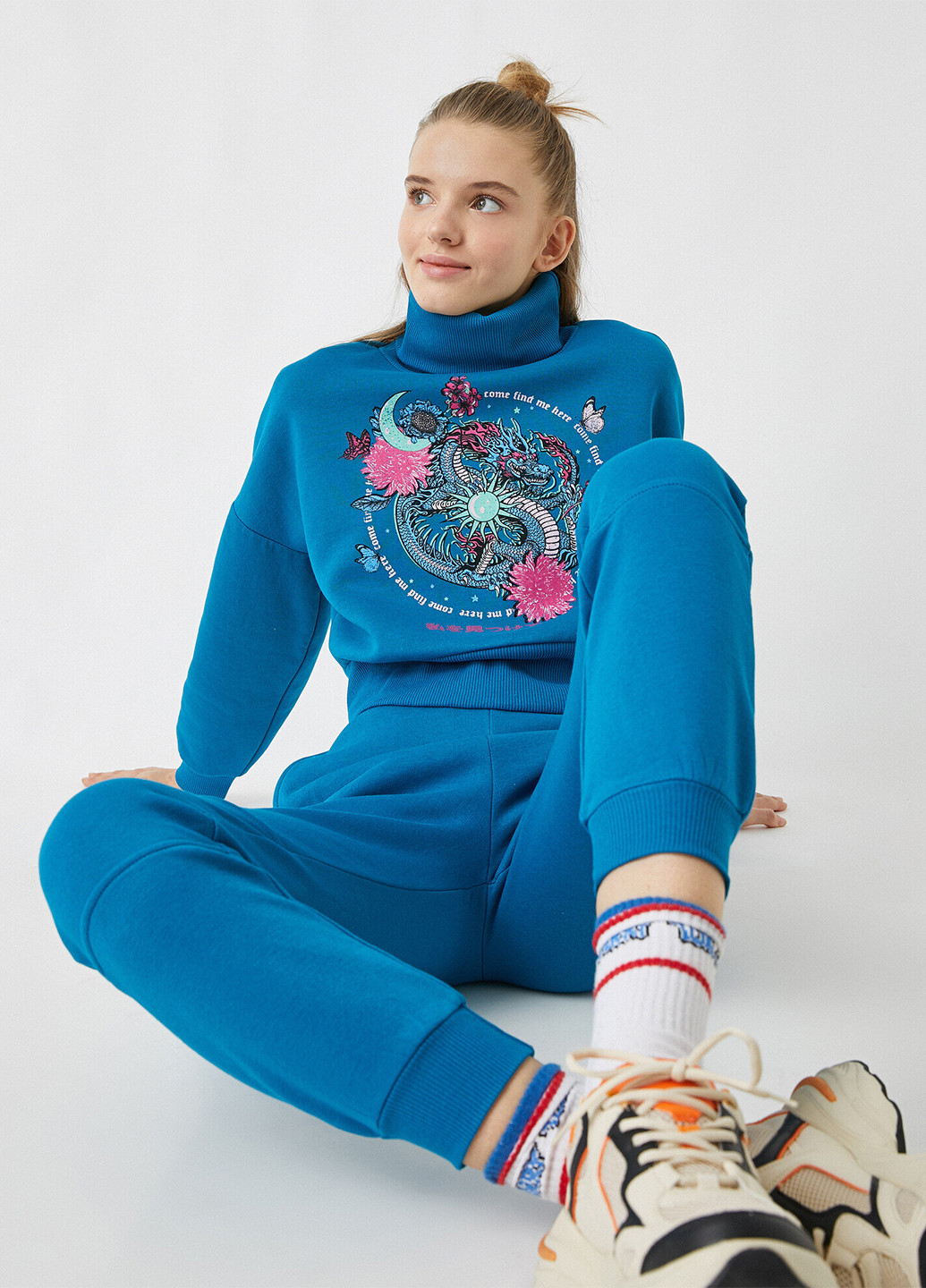 Синий свитшот KOTON цветочный без декора (252403951)