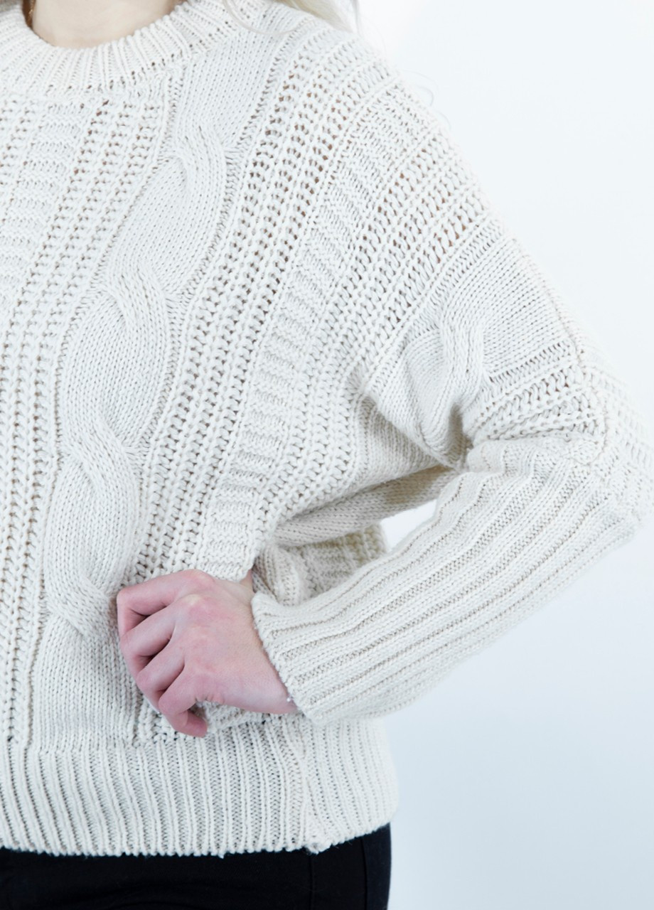 Белый демисезонный свитер женский белый вязаный летучая мышь косами JEANSclub Свободная