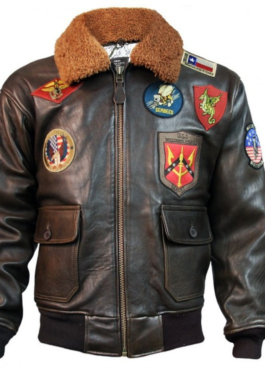 Коричневая демисезонная кожаная летная куртка offical signature series jacket topgun1 (black) Top Gun