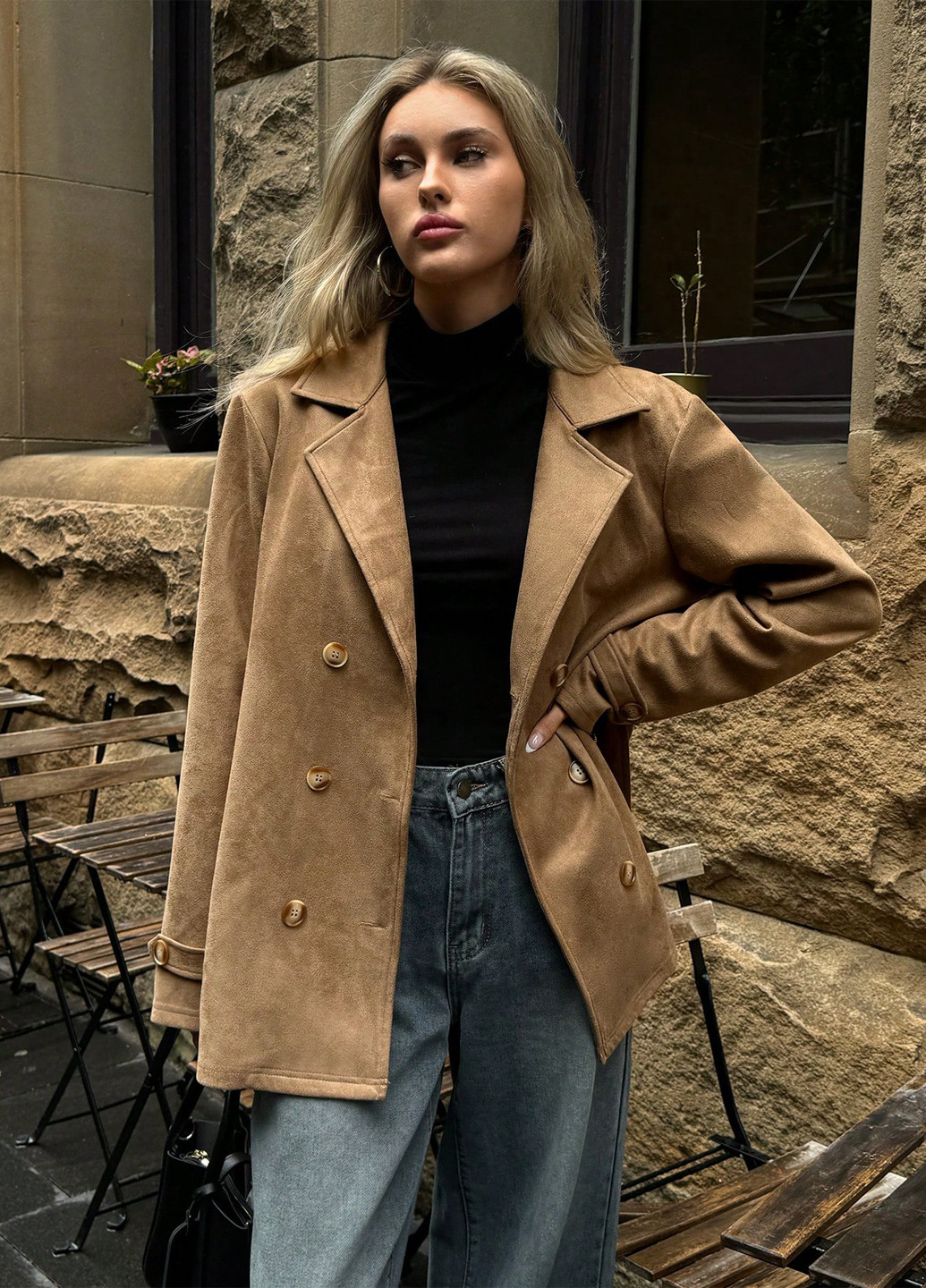 Светло-коричневое Кэжуал полупальто двубортное SHEIN однотонное