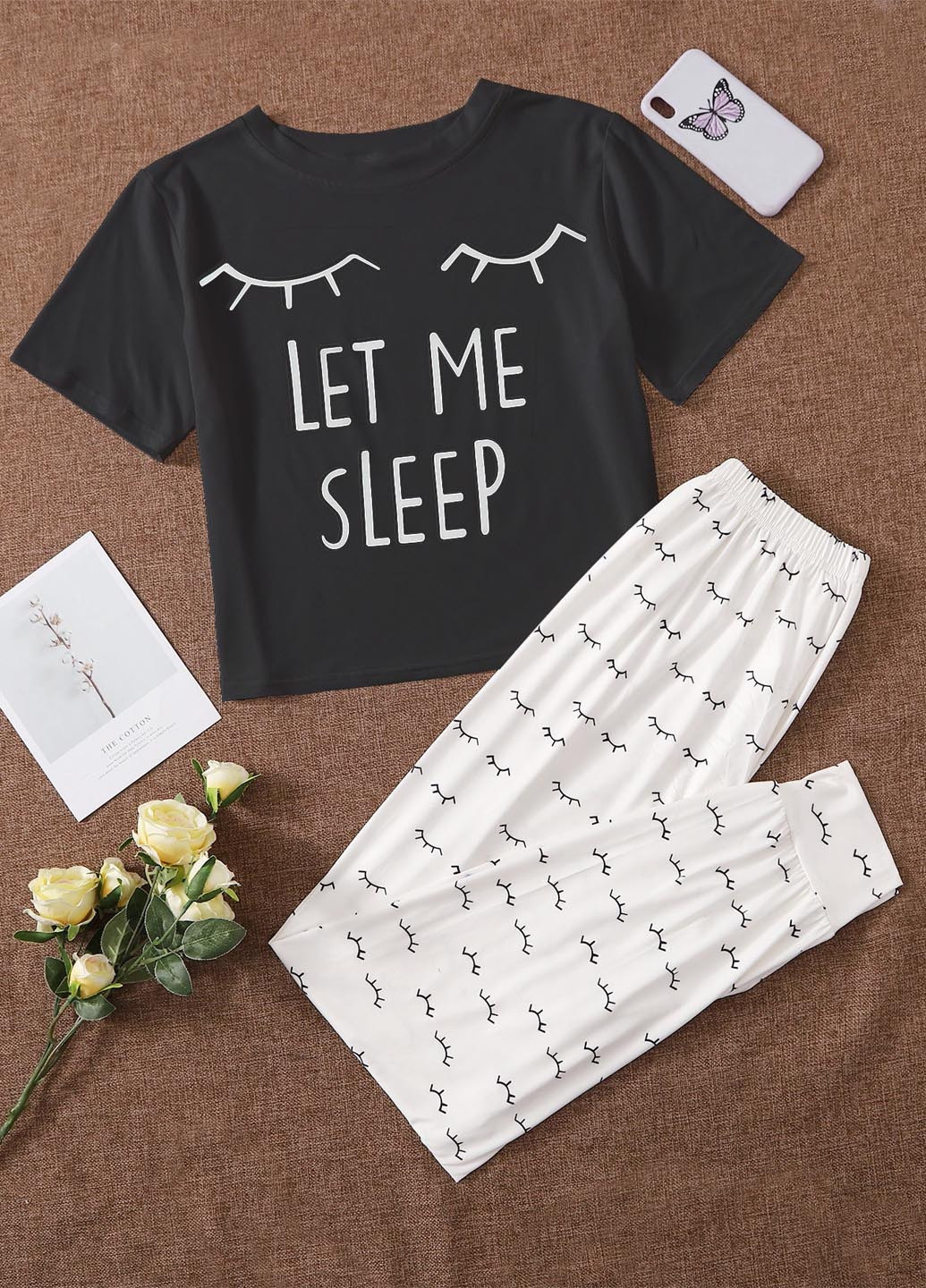 Чорно-біла всесезон піжама (футболка, штани) футболка + штани SHEIN