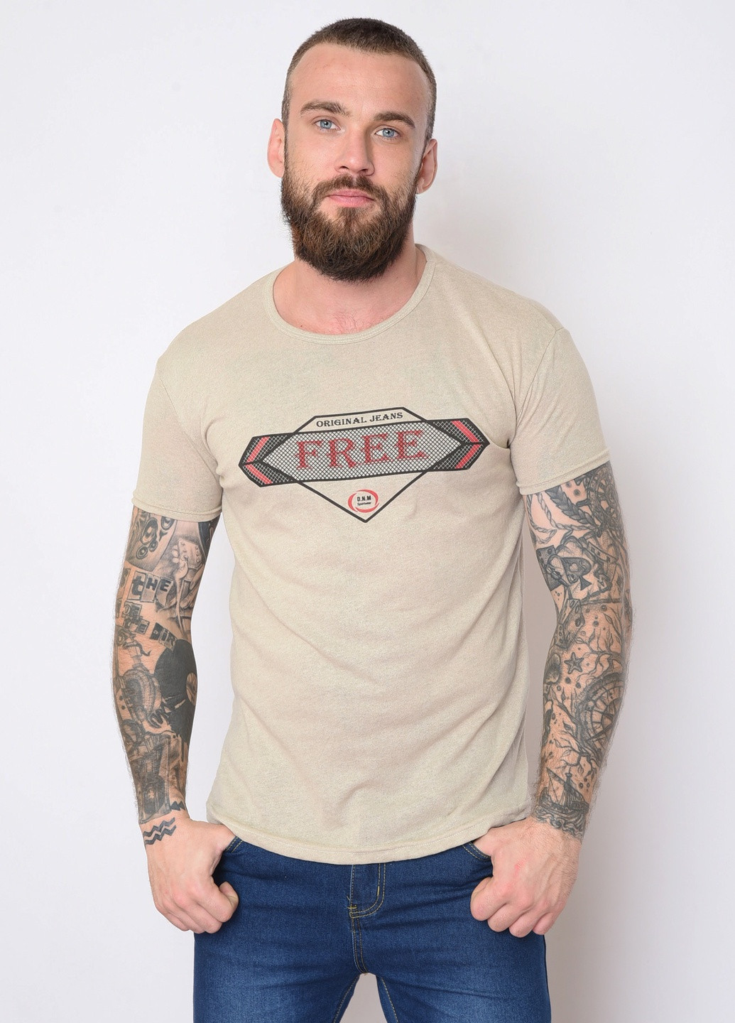 Бежевая футболка мужская бежевого цвета с рисунком Let's Shop