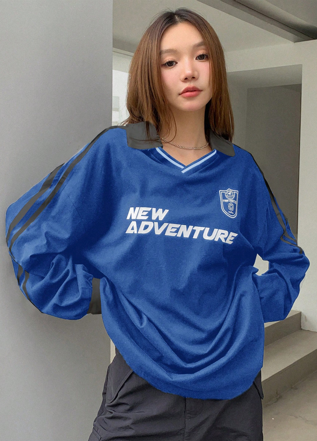 Синяя женская футболка-поло SHEIN с надписью