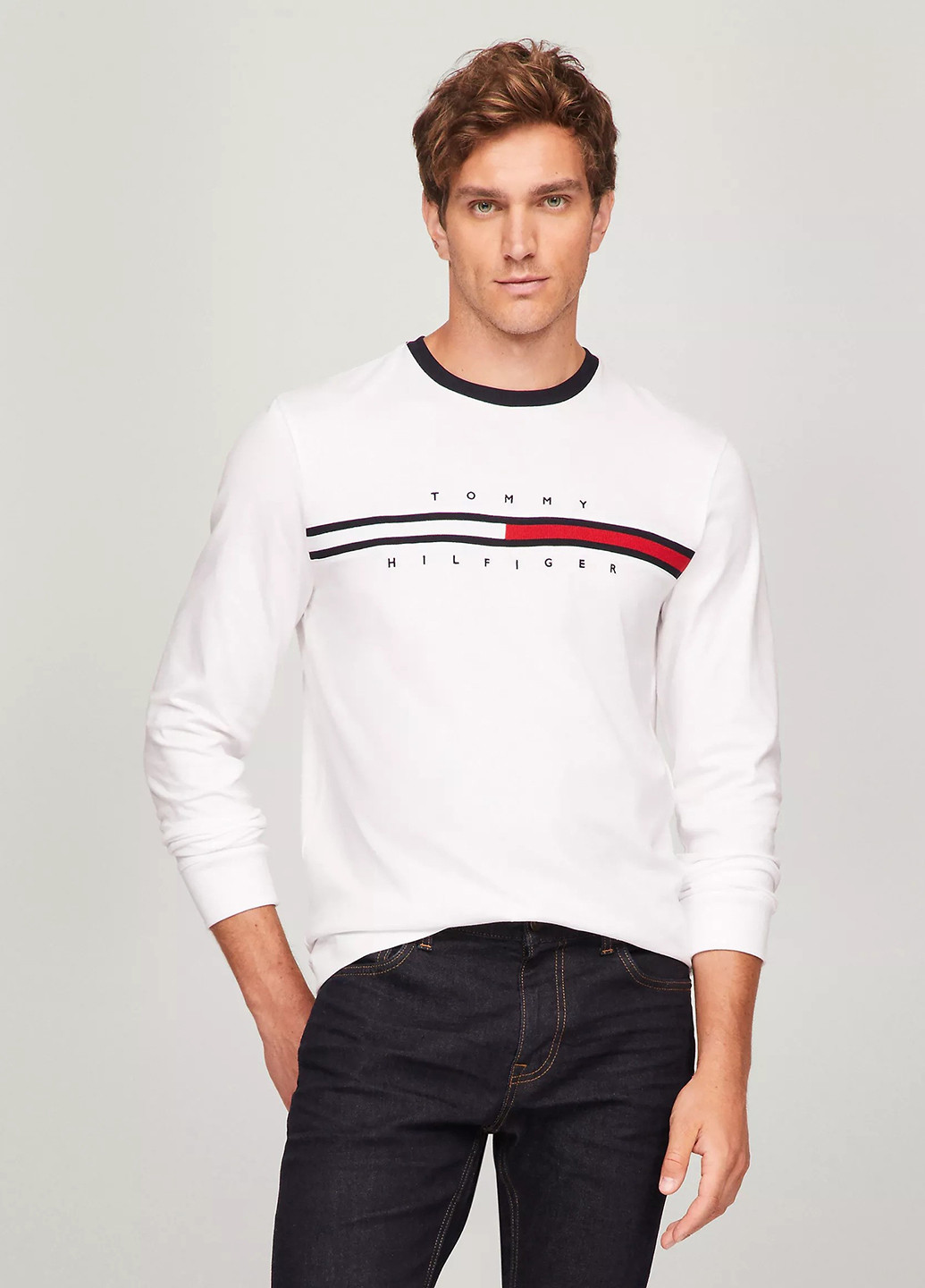 Лонгслів Tommy Hilfiger однотонний білий кежуали бавовна, трикотаж