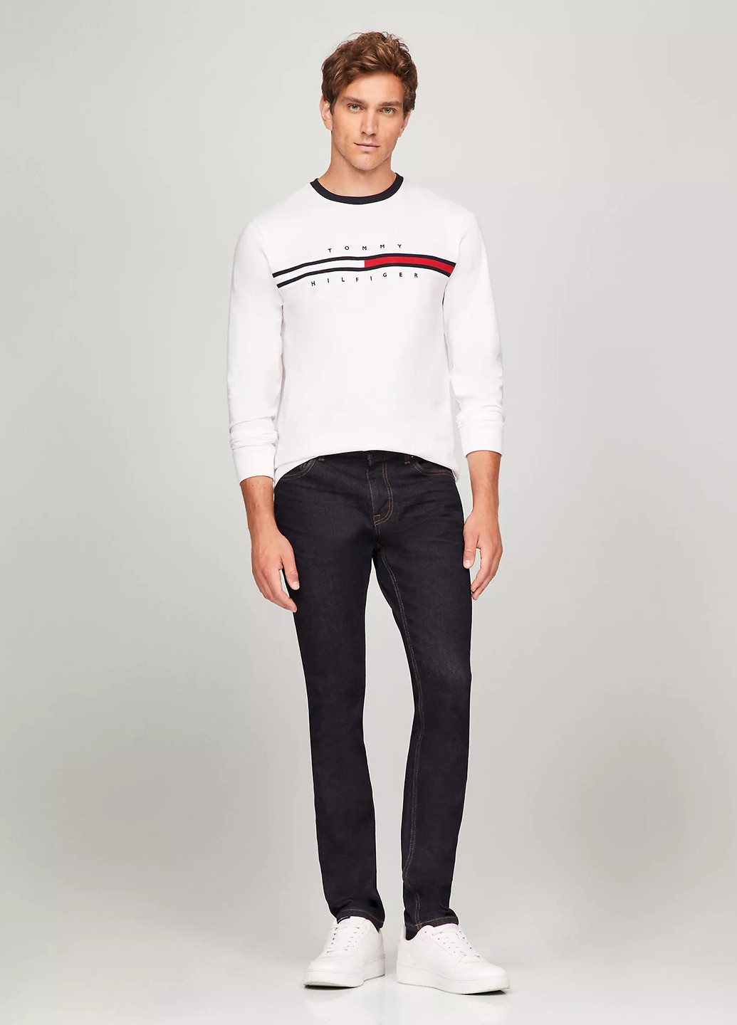 Лонгслів Tommy Hilfiger однотонний білий кежуали бавовна, трикотаж