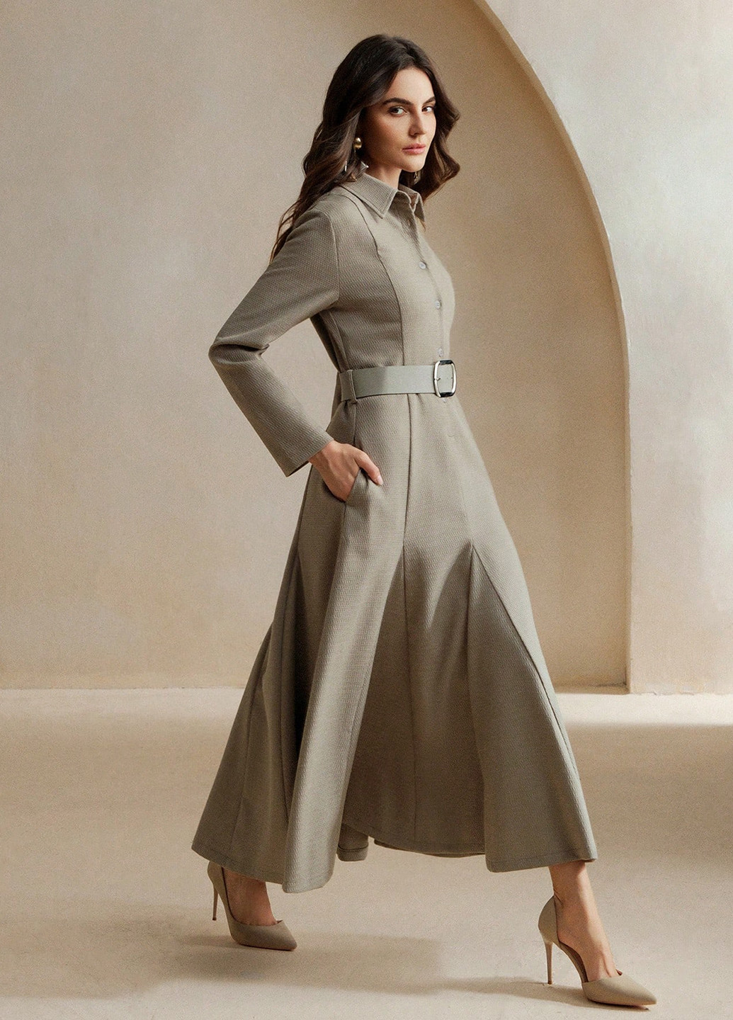 Серое кэжуал платье клеш, рубашка SHEIN однотонное