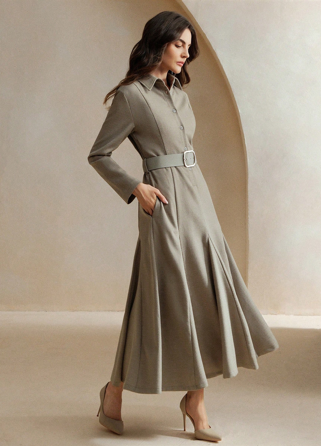 Серое кэжуал платье клеш, рубашка SHEIN однотонное