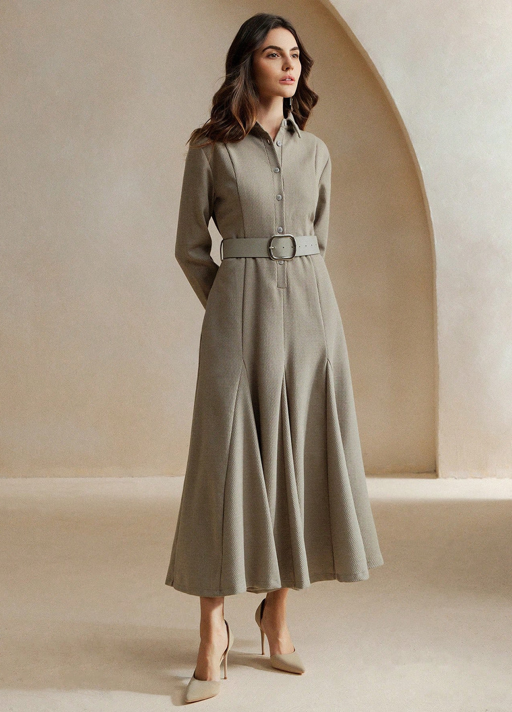 Серое кэжуал платье клеш, рубашка SHEIN однотонное