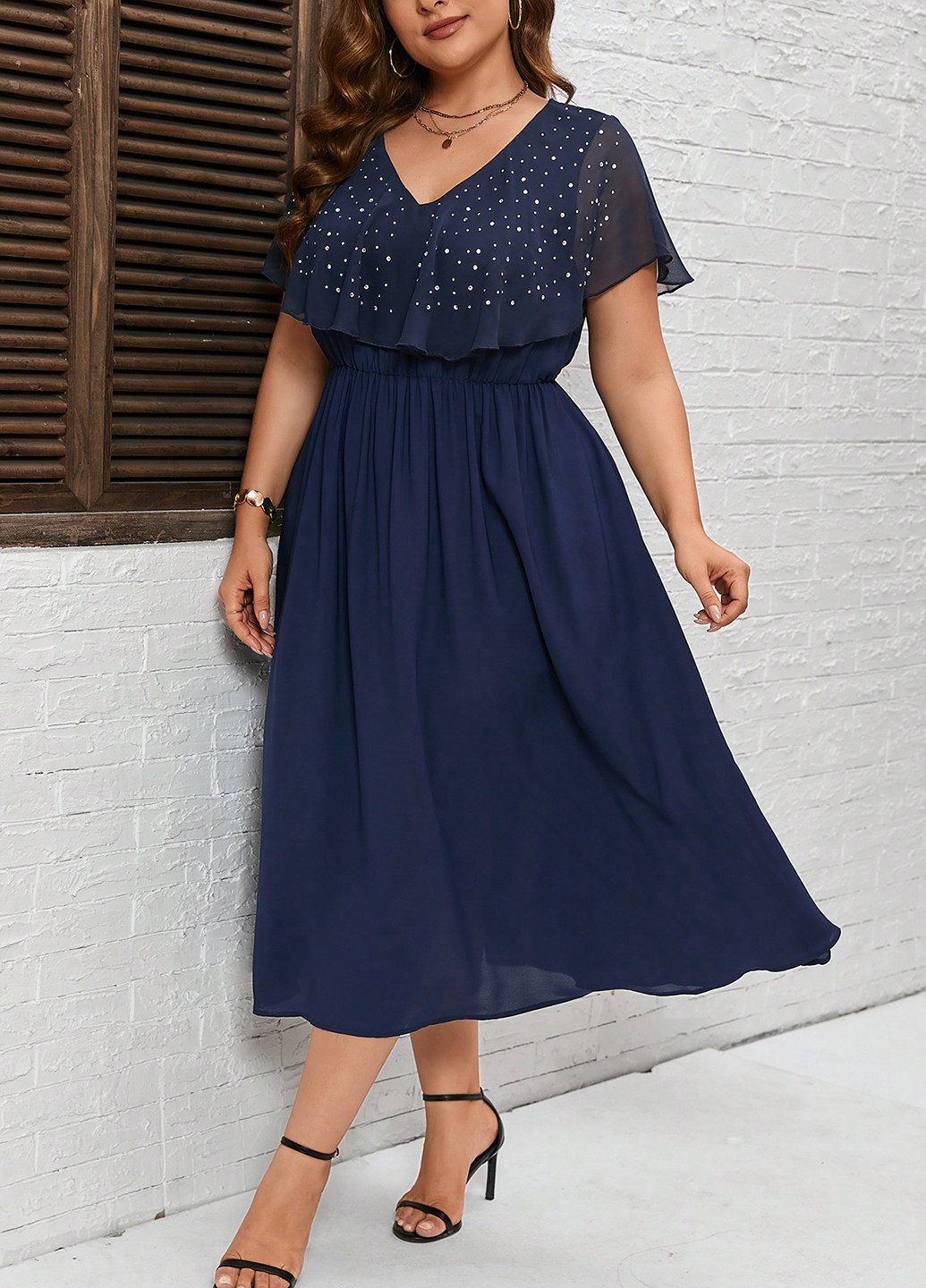 Темно-синее кэжуал платье клеш SHEIN однотонное