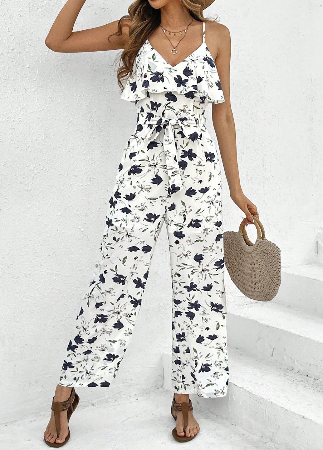 Комбинезон SHEIN комбинезон-брюки цветочный белый кэжуал полиэстер